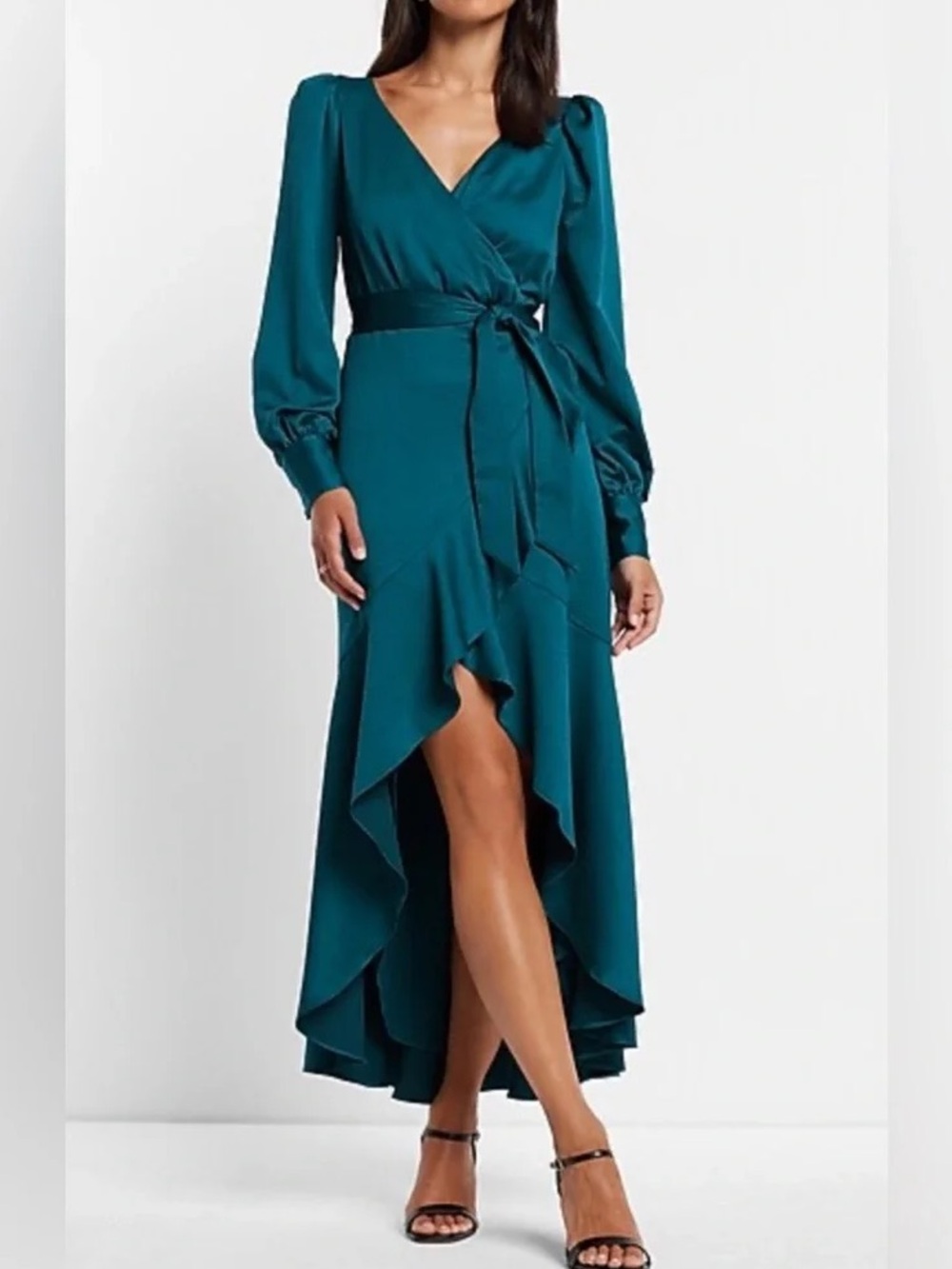 Express Teal Satin Textured Faux Wrap Ruffle Hi-Lo Maxi Dress XS